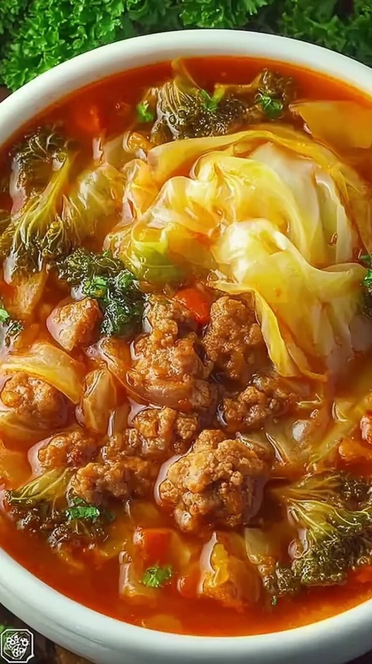 A steaming bowl of cabbage roll soup with ground beef, rice, and tender cabbage garnished with parsley.