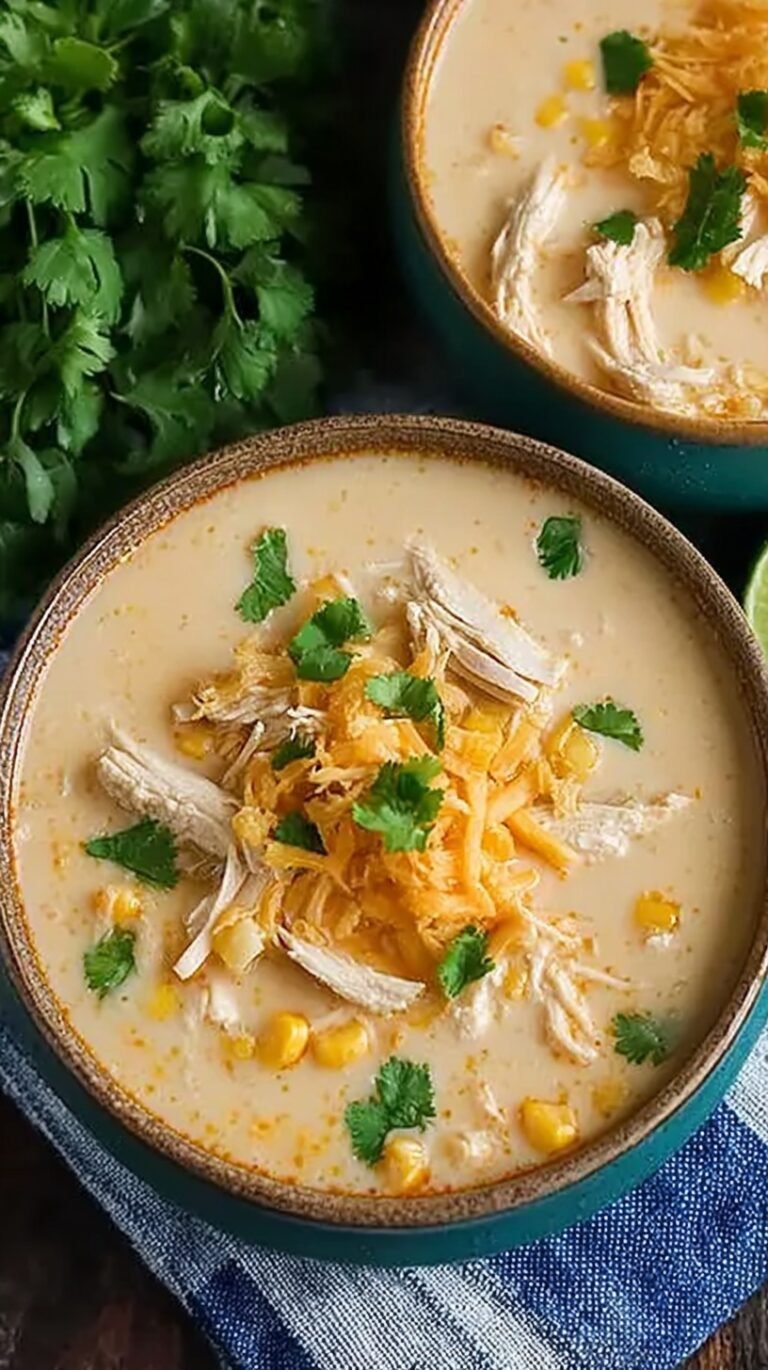 A bowl of creamy white chicken chili topped with cilantro, cheese, and lime wedges