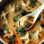 A steaming bowl of Thai Dumpling Soup with pork and shrimp wontons, green onions, and golden garlic oil.