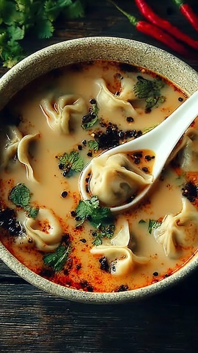 A steaming bowl of Thai Dumpling Soup with pork and shrimp wontons, green onions, and golden garlic oil.