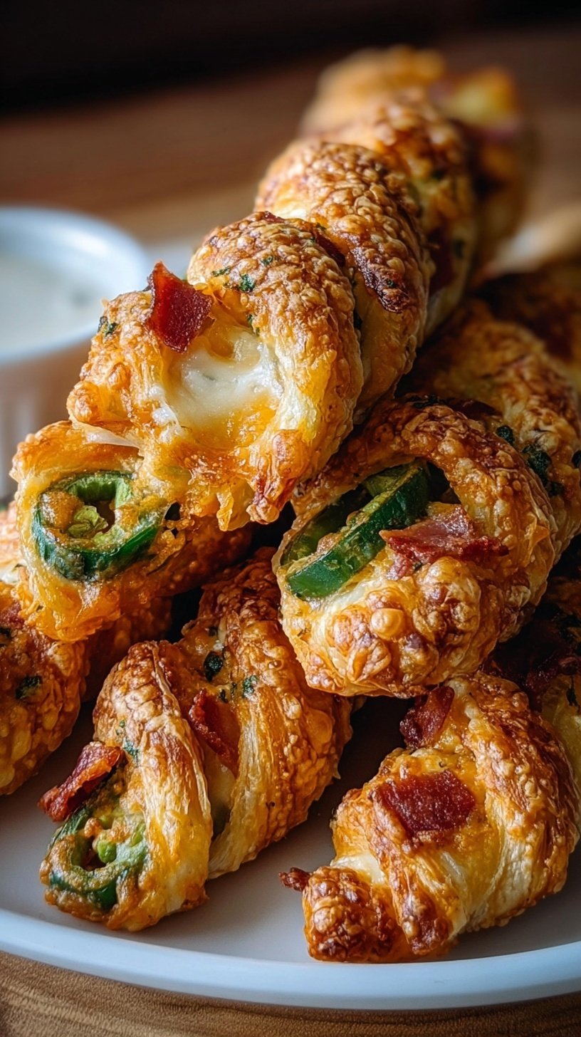 Golden brown puff pastry twists filled with cream cheese, melted cheddar, and green jalapenos on a baking sheet