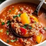 A bowl of hearty stuffed pepper soup with ground beef, rice, and colorful bell peppers