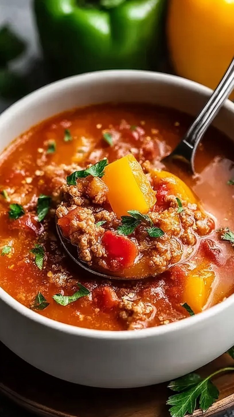 A bowl of hearty stuffed pepper soup with ground beef, rice, and colorful bell peppers