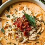 A bowl of creamy orange-tinted soup with rotini pasta, chicken pieces, and fresh spinach.