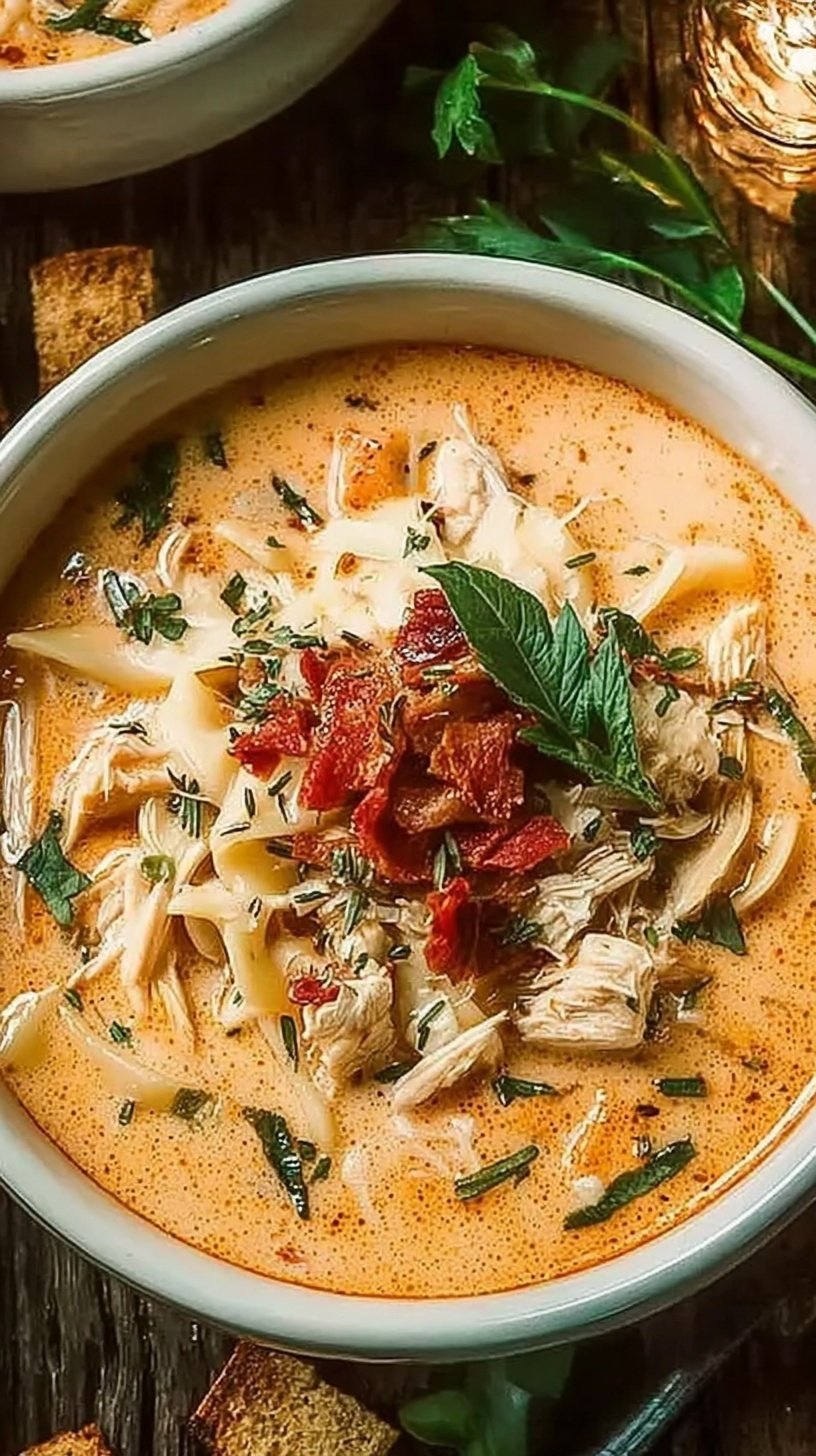 A bowl of creamy orange-tinted soup with rotini pasta, chicken pieces, and fresh spinach.