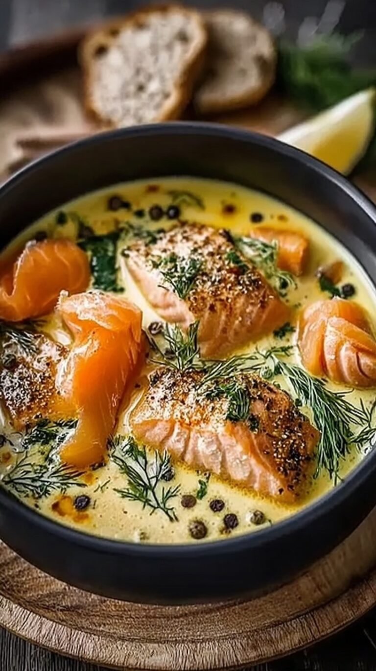 A bowl of creamy Finnish salmon soup with fresh dill and potatoes