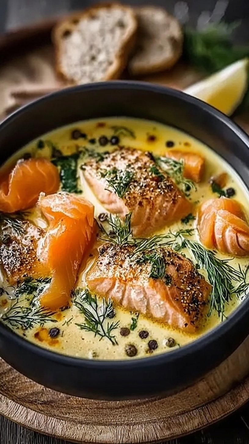 A bowl of creamy Finnish salmon soup with fresh dill and potatoes