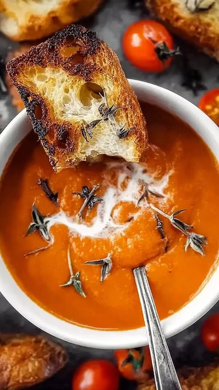A bowl of creamy roasted tomato soup topped with fresh basil leaves and a side of grilled cheese.