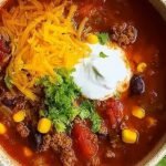 A steaming bowl of taco soup topped with cheese, sour cream, and tortilla chips