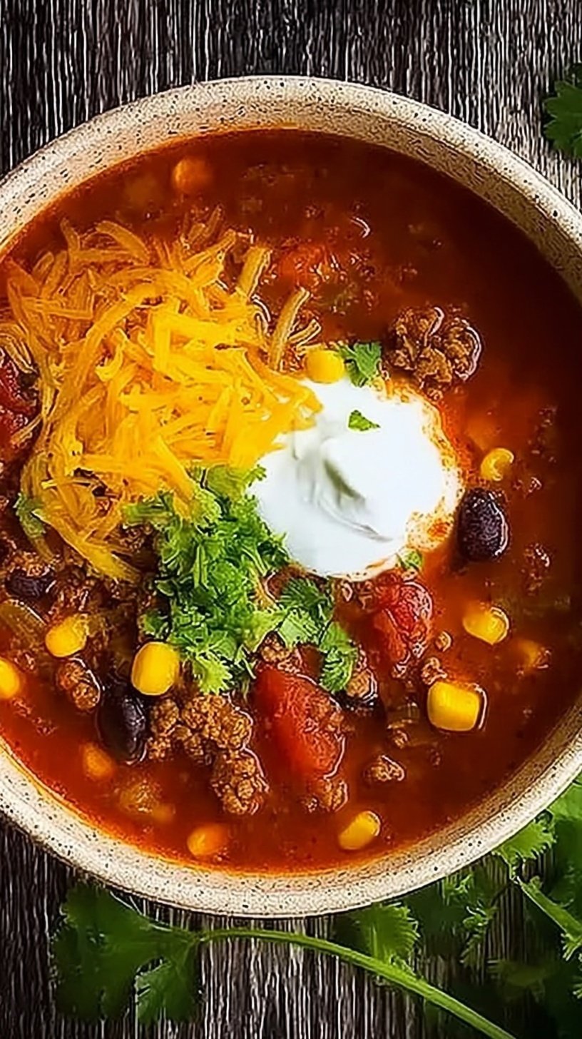 A steaming bowl of taco soup topped with cheese, sour cream, and tortilla chips