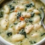 A bowl of creamy chicken gnocchi soup with spinach and carrots