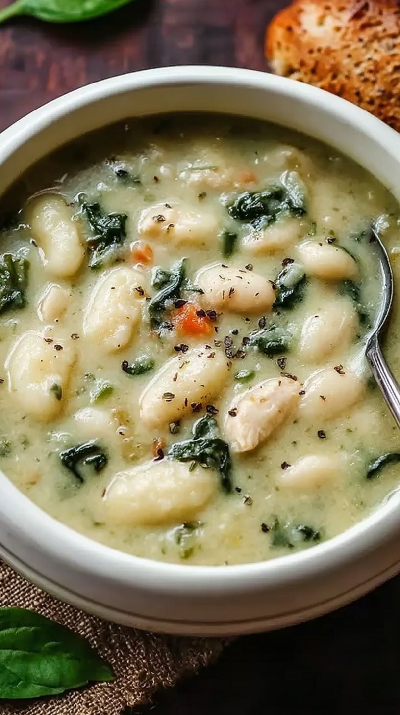 A bowl of creamy chicken gnocchi soup with spinach and carrots