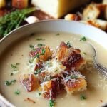 A bowl of creamy garlic bread soup topped with golden brown parmesan croutons and fresh parsley.