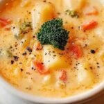 A steaming bowl of creamy potato cheese soup topped with fresh parsley and extra cheddar cheese.