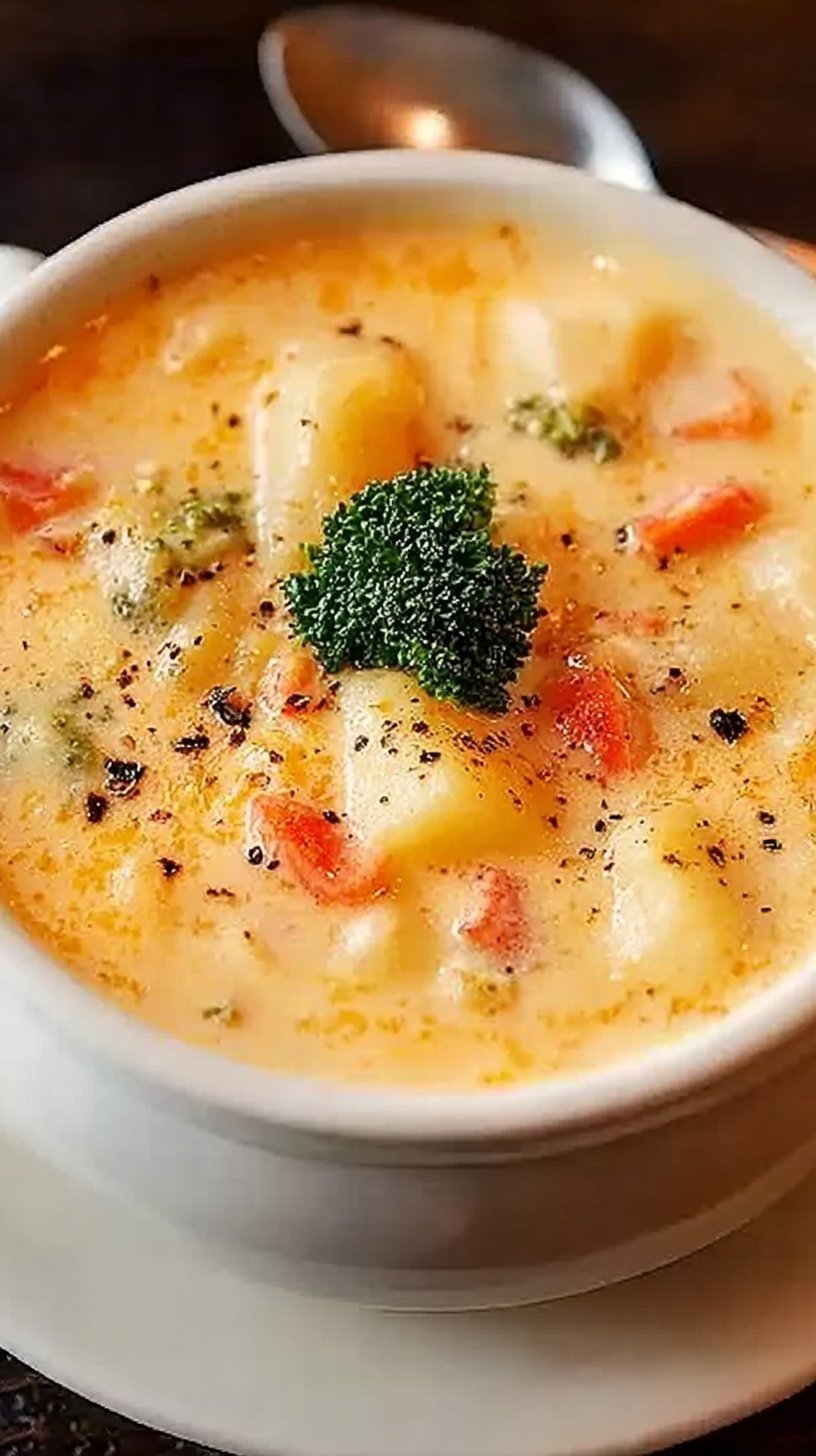 A steaming bowl of creamy potato cheese soup topped with fresh parsley and extra cheddar cheese.