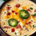 A bowl of creamy jalapeño popper soup topped with crispy bacon, shredded cheese, and fresh chives.