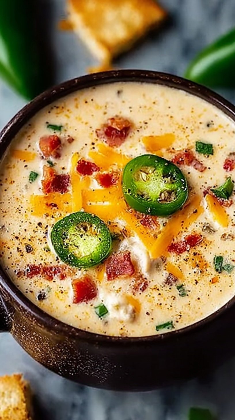 A bowl of creamy jalapeño popper soup topped with crispy bacon, shredded cheese, and fresh chives.