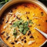A bowl of creamy orange chicken enchilada soup topped with tortilla strips and cilantro