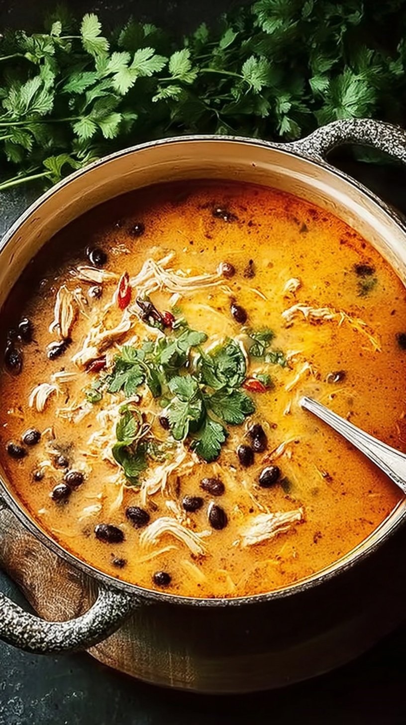 A bowl of creamy orange chicken enchilada soup topped with tortilla strips and cilantro