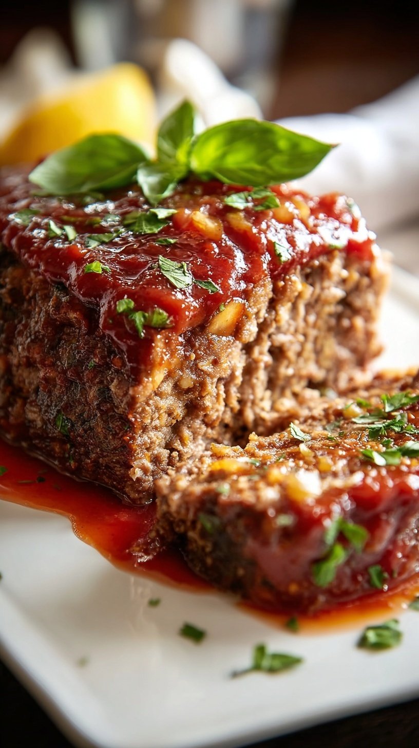 A thick slice of Italian style meatloaf topped with rich marinara sauce and fresh parsley on a white plate.