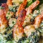 Golden baked jumbo shrimp stuffed with creamy spinach and artichoke filling on a parchment-lined tray