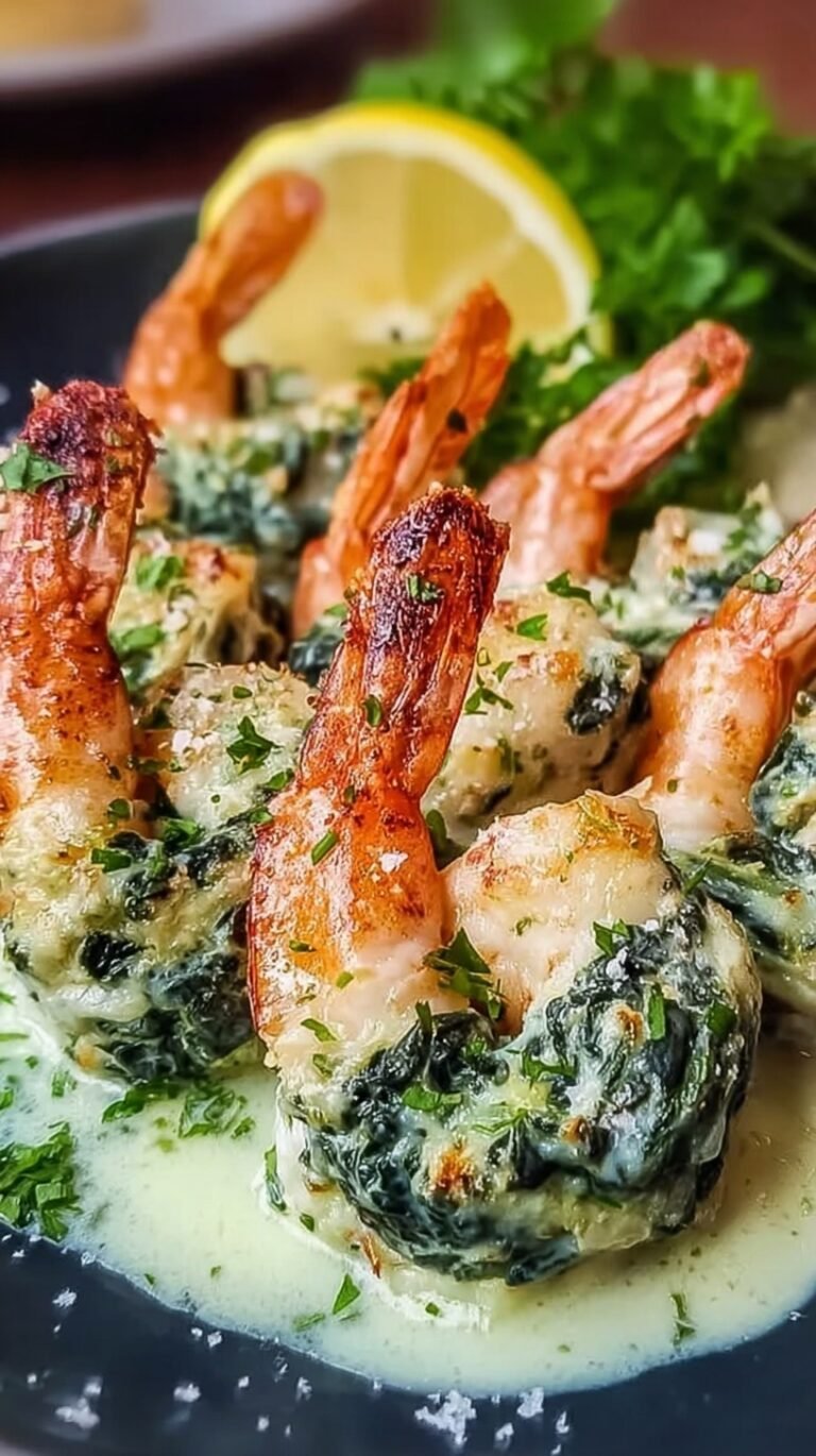 Golden baked jumbo shrimp stuffed with creamy spinach and artichoke filling on a parchment-lined tray