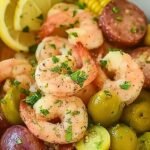 A large platter of low country shrimp boil featuring red potatoes, corn on the cob, andouille sausage, and large pink shrimp garnished with parsley.