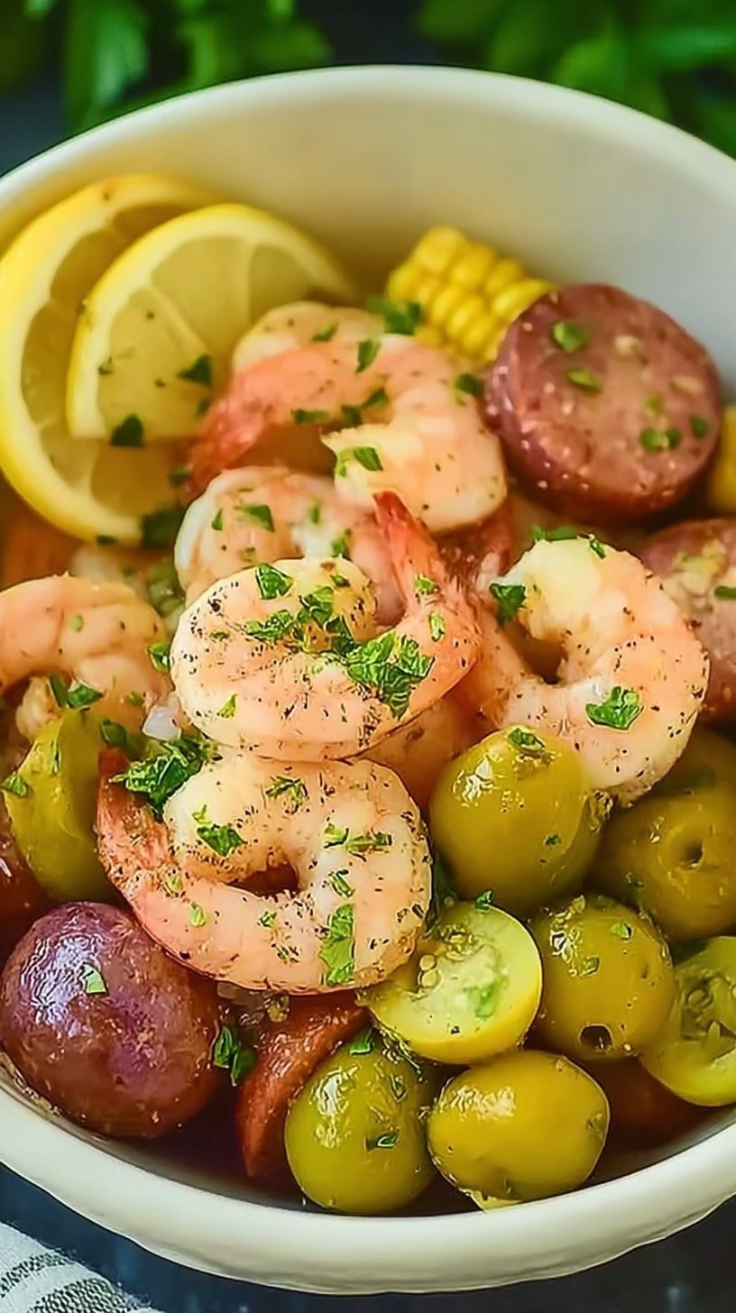 A large platter of low country shrimp boil featuring red potatoes, corn on the cob, andouille sausage, and large pink shrimp garnished with parsley.
