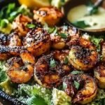 A fresh Caesar salad topped with charred, hot honey glazed blackened shrimp and shaved parmesan cheese.