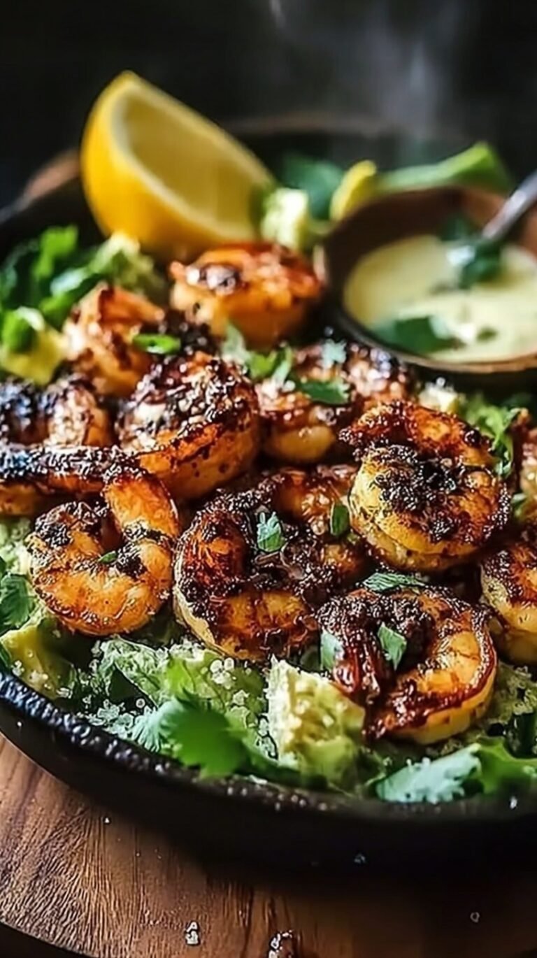 A fresh Caesar salad topped with charred, hot honey glazed blackened shrimp and shaved parmesan cheese.