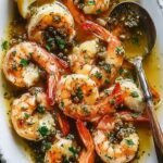 A skillet of golden shrimp piccata with lemon slices and capers