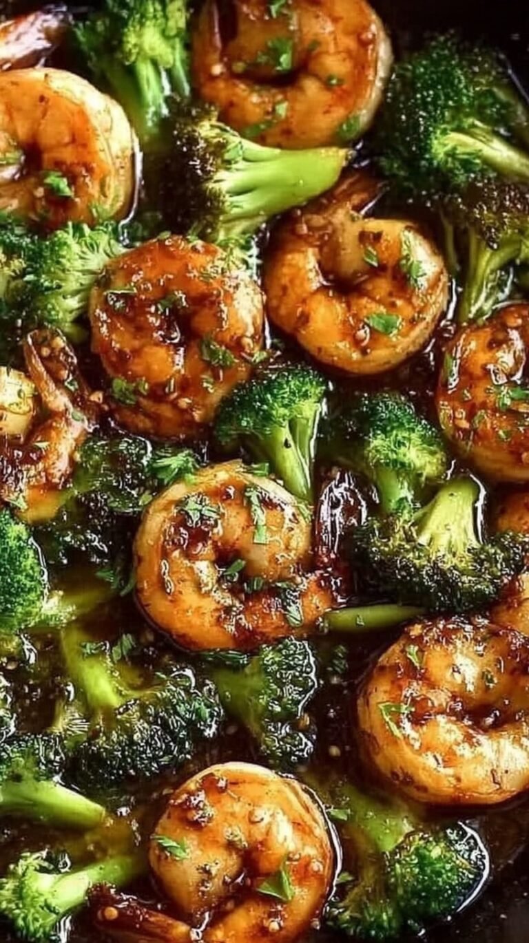 A skillet of honey garlic shrimp and green broccoli florets glazed in a glossy sauce