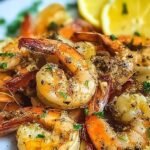 Large golden sautéed shrimp with black pepper crust and fresh lemon slices in a skillet