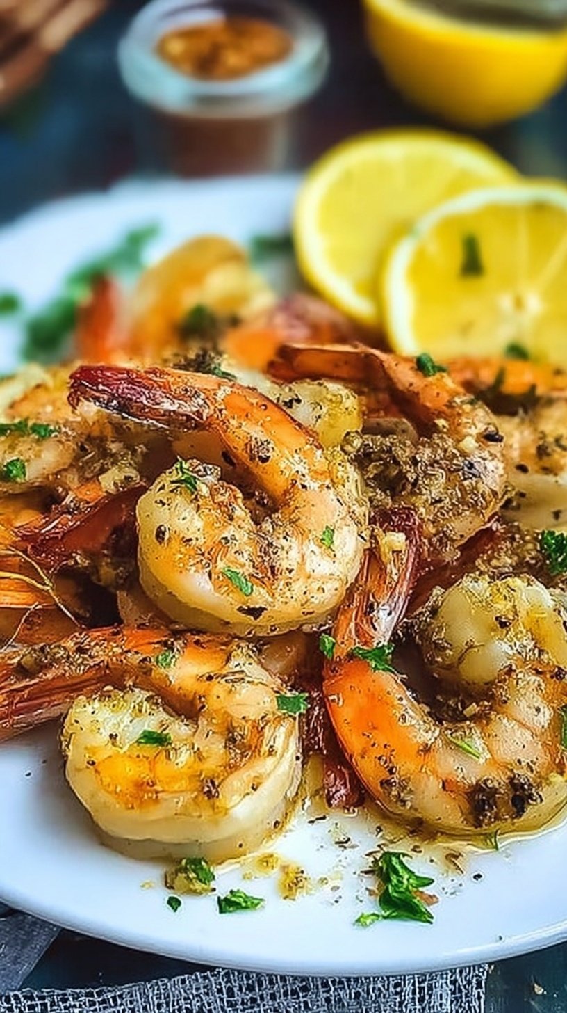 Large golden sautéed shrimp with black pepper crust and fresh lemon slices in a skillet