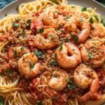 A bowl of spicy Shrimp Fra Diavolo with linguine and fresh parsley