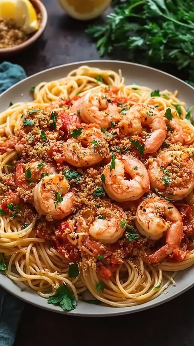 A bowl of spicy Shrimp Fra Diavolo with linguine and fresh parsley