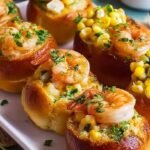 Mini shrimp and corn rolls on a platter with chives and lemon wedges.