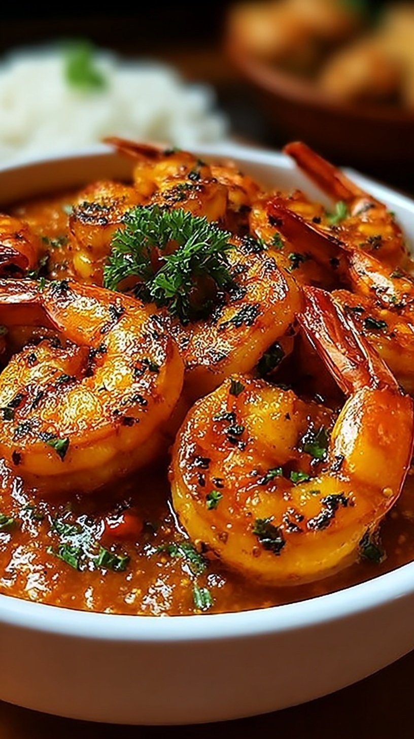 Plated Spicy Voodoo Shrimp over toasted cornbread with a creamy dark lager sauce and fresh chives.