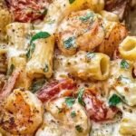 A close-up of creamy baked feta pasta with roasted cherry tomatoes and pink shrimp in a white baking dish.