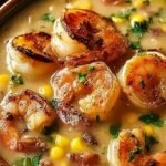 A white bowl filled with creamy shrimp and corn bisque topped with green onions and parsley