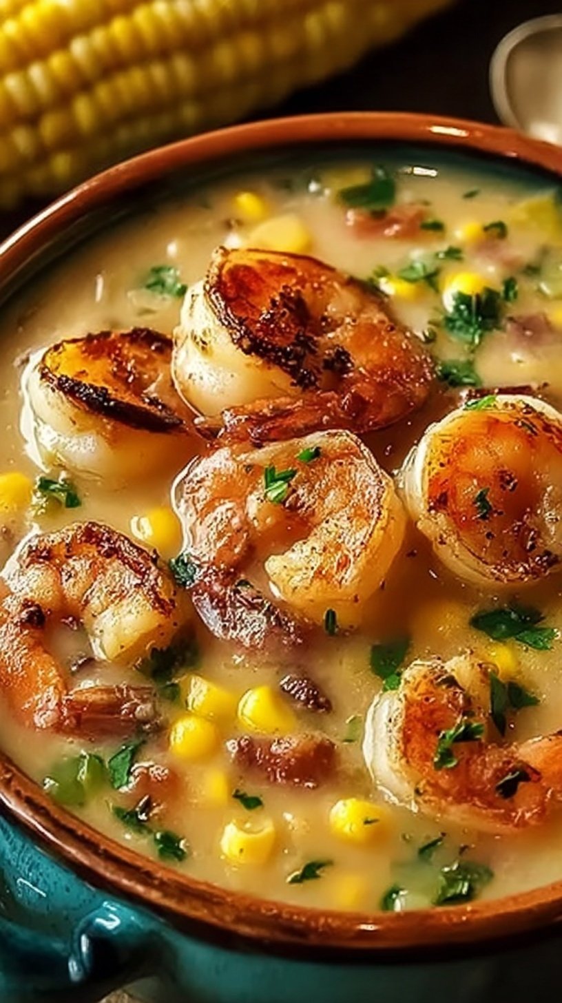 A white bowl filled with creamy shrimp and corn bisque topped with green onions and parsley