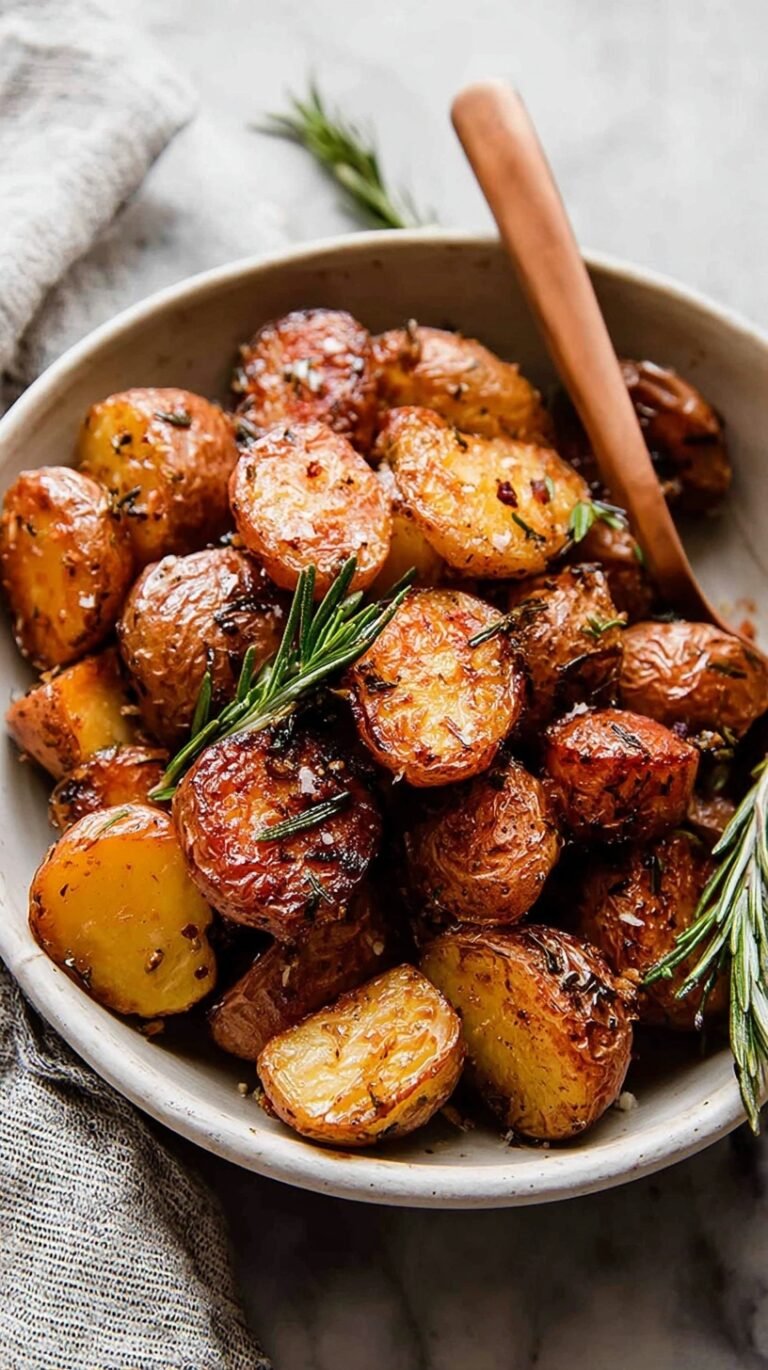 Golden brown roasted potato cubes with fresh rosemary and minced garlic on a baking sheet.