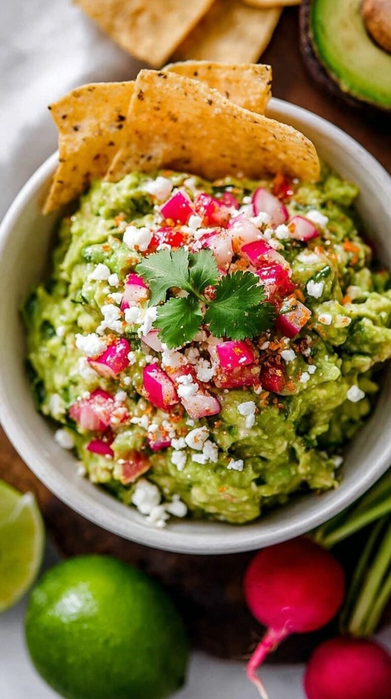 A bowl of chunky green guacamole with lime slices and tortilla chips on a wooden table
