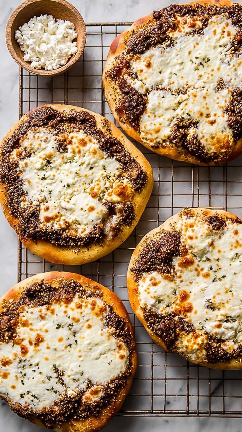 Freshly baked flatbreads topped with green za'atar herbs and melted white cheese on a baking sheet.