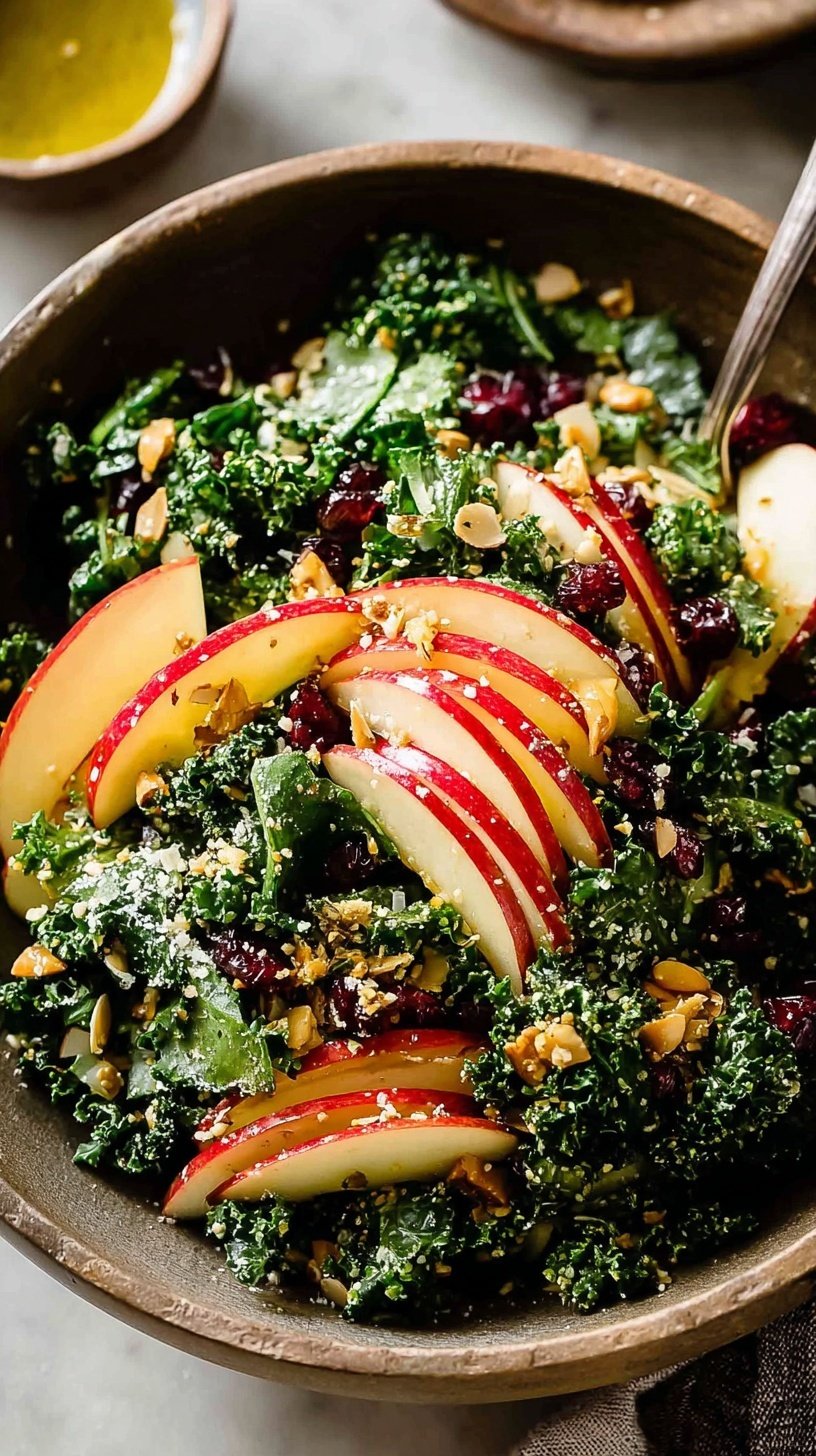 A large bowl of shredded kale salad topped with thin apple slices, almonds, and shaved parmesan cheese.