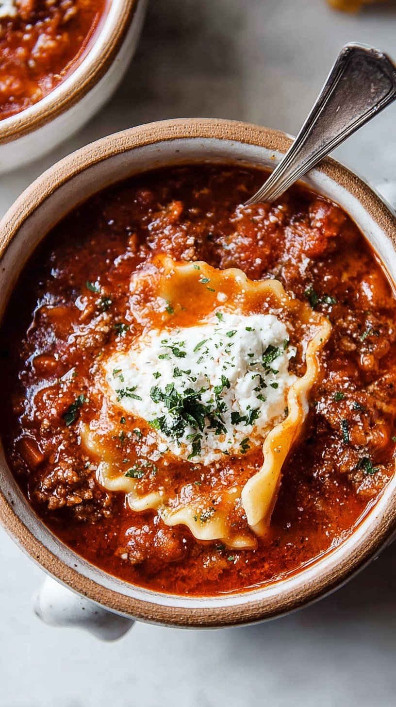 A bowl of rich red lasagna soup topped with a creamy white ricotta cheese dollop and fresh herbs
