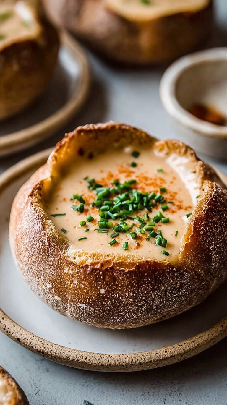 A bowl of creamy smoked gouda soup garnished with fresh chives and served with crusty bread.
