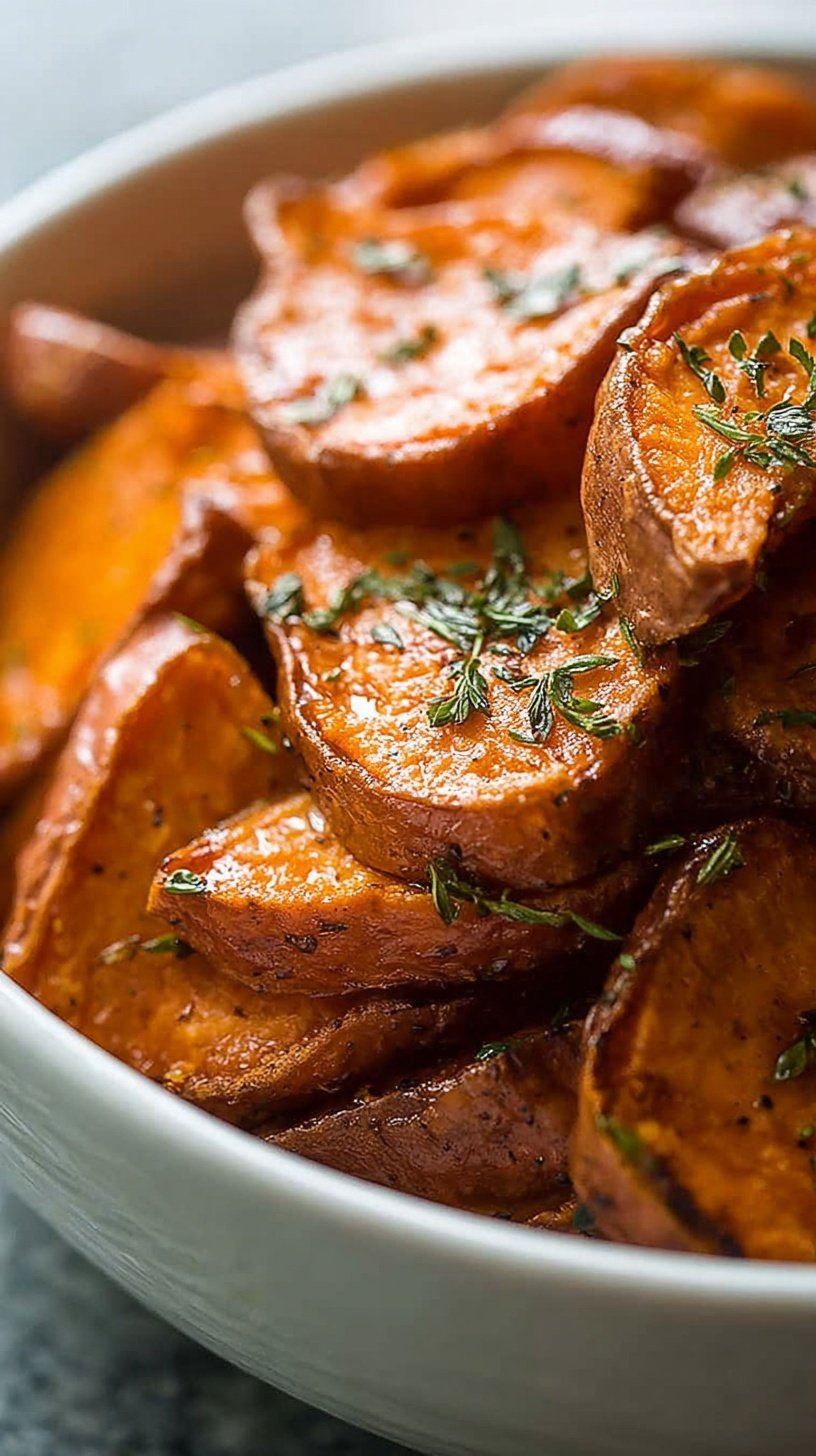 Golden brown roasted sweet potato cubes seasoned with paprika on a baking sheet.