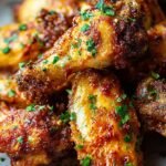 A platter of golden brown crispy oven baked wings served with ranch dressing and celery sticks.