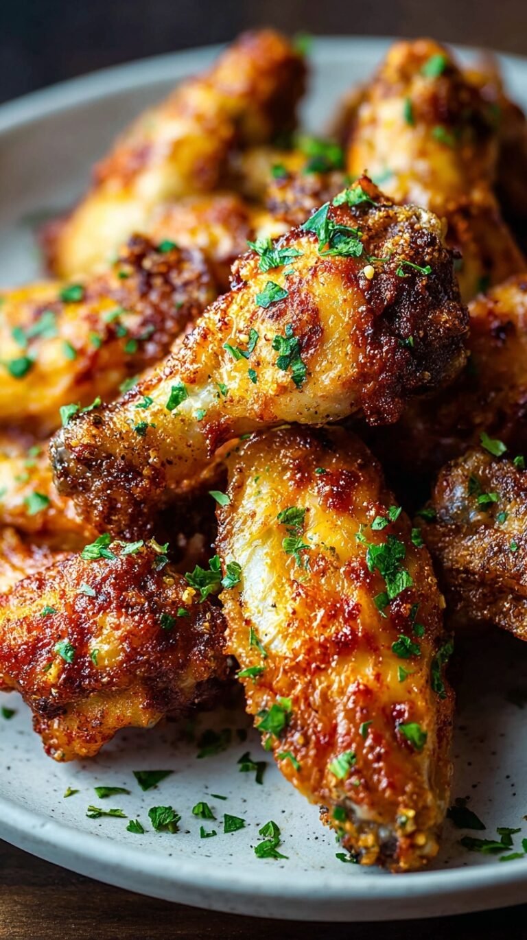 A platter of golden brown crispy oven baked wings served with ranch dressing and celery sticks.